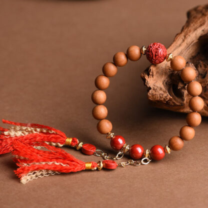 Tibetan Natural Peach Wood Cinnabar PiXiu Wealth Tassels Bracelet - 图片 2