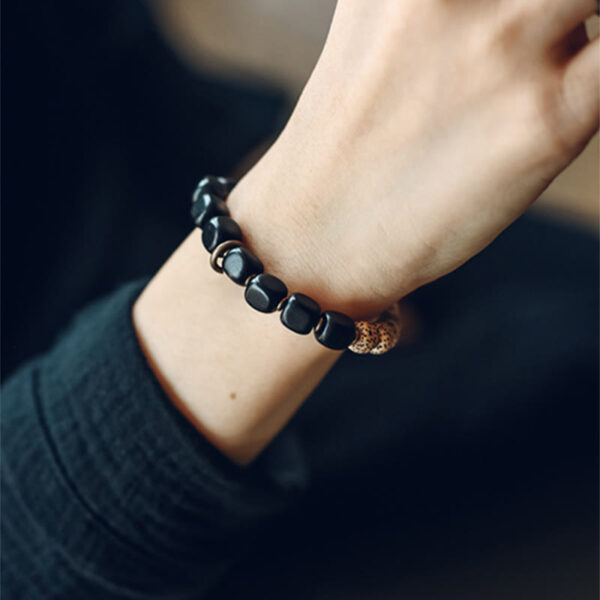 Buddha Stones Tibetan Bodhi Seed Black Obsidian Ebony Wood Copper Peace Bracelet - 图片 7