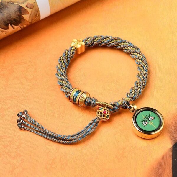 Tibet Handmade Five God Of Wealth Luck Thangka Amulet Prayer Wheel Flower Charm Weave String Bracelet - 图片 8