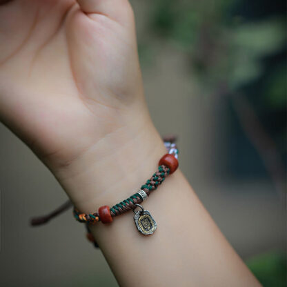 Handmade Tibetan Silver 925 Sterling Silver Zakiram Goddess of Wealth Camel Bone Protection Braided Bracelet - 图片 12
