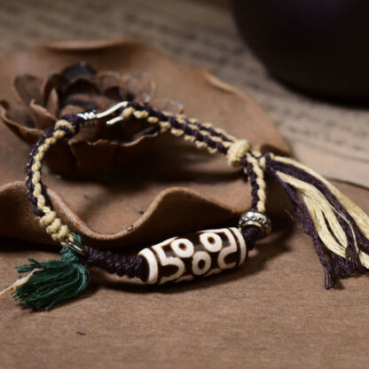 Handcrafted Tibetan Nine-Eye Dzi Bead Blessings Rope Bracelet - 图片 2