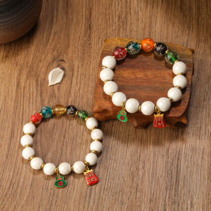 Tibetan Incense Ash Porcelain Luminous Fluorescent Liuli Glass Bead Gourd Copper Coin Charm Peace Bracelet - 图片 2