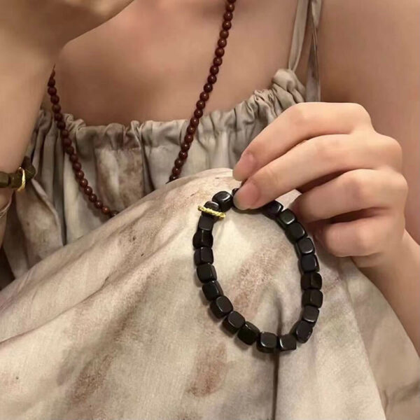 Tibetan Ebony Wood Square Beads Peace Calm Bracelet - 图片 7