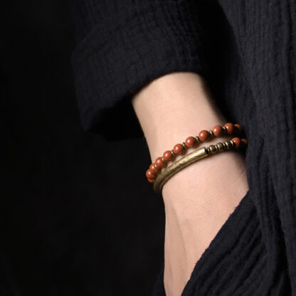 Buddha Stones Red Jasper Moss Agate Black Obsidian Crystal Copper Peace Couple Bracelet - 图片 2