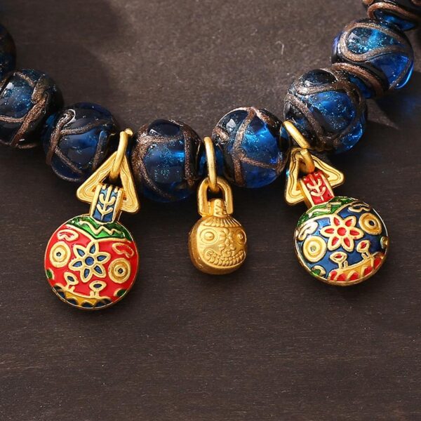 Gold Swallowing Beast Luck Charm Blue Liuli Glass Bead Fortune Bracelet - 图片 2