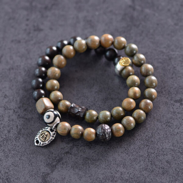 Tibetan Green Sandalwood Ebony Wood Three-eyed Dzi Bead Fu Character Balance Peace Double Wrap Bracelet - 图片 5