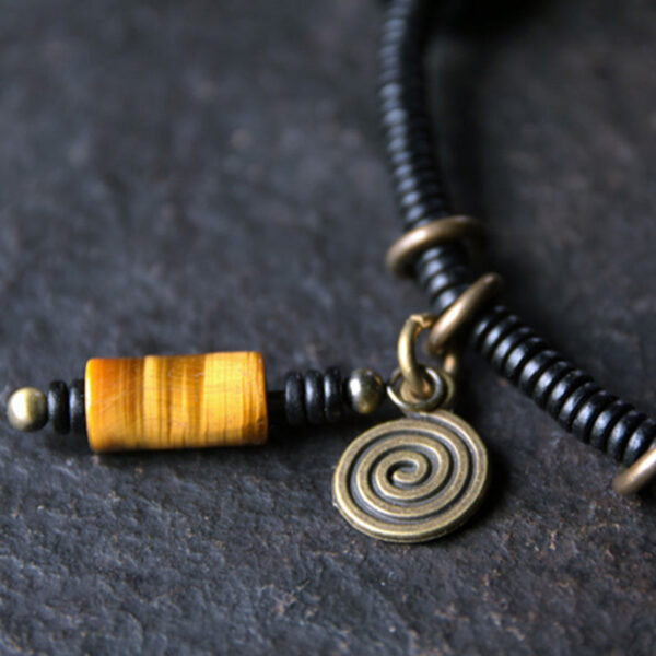 Buddha Stones Ebony Wood Dzi Bead Copper Peace Couple Bracelet Necklace Pendant - 图片 12