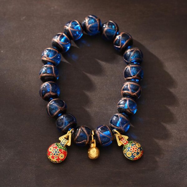 Gold Swallowing Beast Luck Charm Blue Liuli Glass Bead Fortune Bracelet - 图片 4