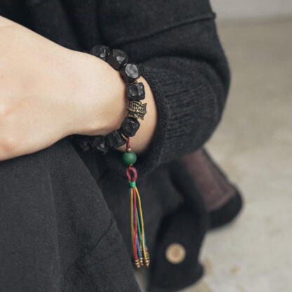 Tibet Ebony Wood Copper Peace Tassel Wrist Mala Bracelet - 图片 6