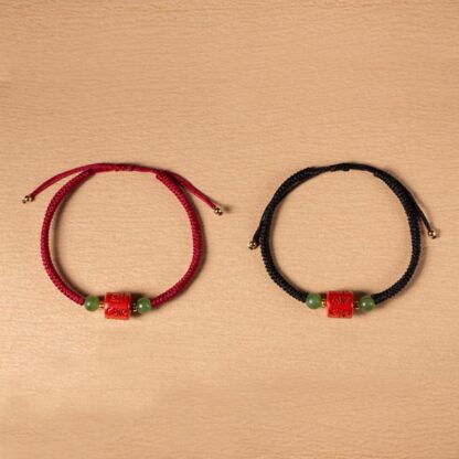 Tibetan Cinnabar Om Mani Padme Hum Engraved Blessing Braided Rope Bracelet - 图片 14