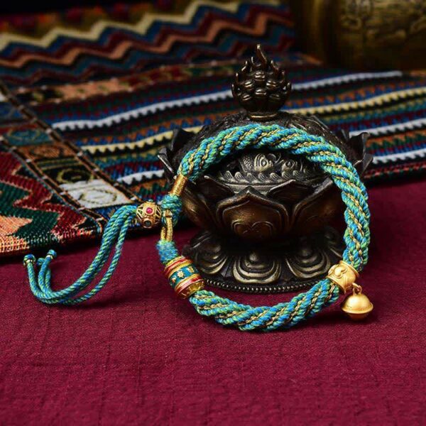 Buddha Stones Tibetan Handmade Luck Protection Thangka Prayer Wheel Bell Charm Braid String Bracelet - 图片 11