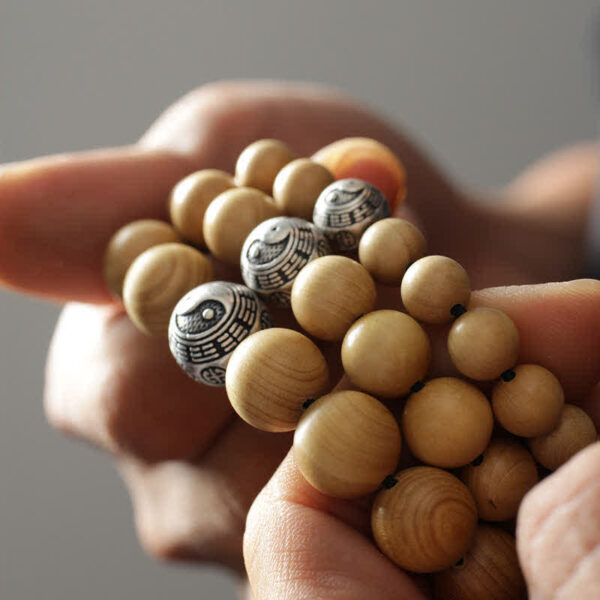 Buddha Stones Tibet Peach Wood Lotus Cinnabar Bagua Yin Yang Luck Wealth Bracelet - 图片 2