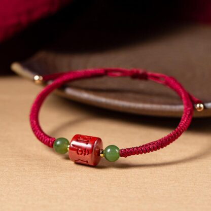 Tibetan Cinnabar Om Mani Padme Hum Engraved Blessing Braided Rope Bracelet - 图片 3