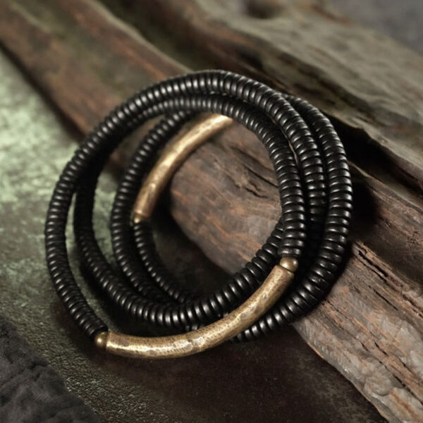 Tibetan Ebony Wood Beads Copper Peace Multilayered Bracelet - 图片 2