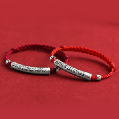 Handmade 999 Sterling Silver Om Mani Padme Hum Heart Sutra Carved Luck Rope Bracelet Anklet - 图片 16