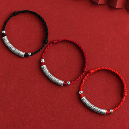Handmade 999 Sterling Silver Om Mani Padme Hum Heart Sutra Carved Luck Rope Bracelet Anklet - 图片 2