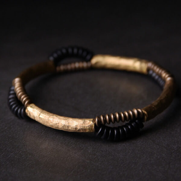 Vintage Ebony Wood Copper Luck Wealth Handmade Bracelet - 图片 8