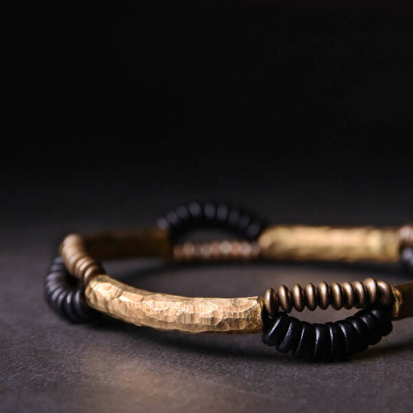 Vintage Ebony Wood Copper Luck Wealth Handmade Bracelet - 图片 2