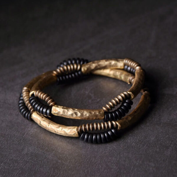 Vintage Ebony Wood Copper Luck Wealth Handmade Bracelet - 图片 4