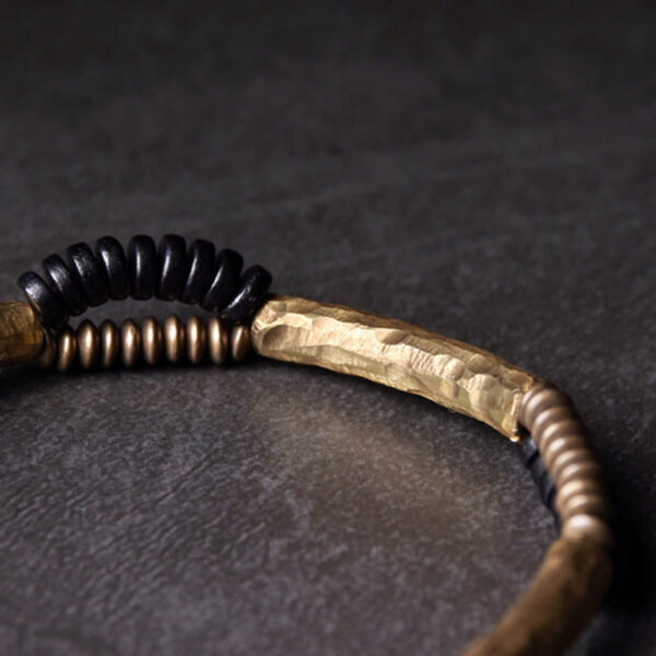 Vintage Ebony Wood Copper Luck Wealth Handmade Bracelet - 图片 7