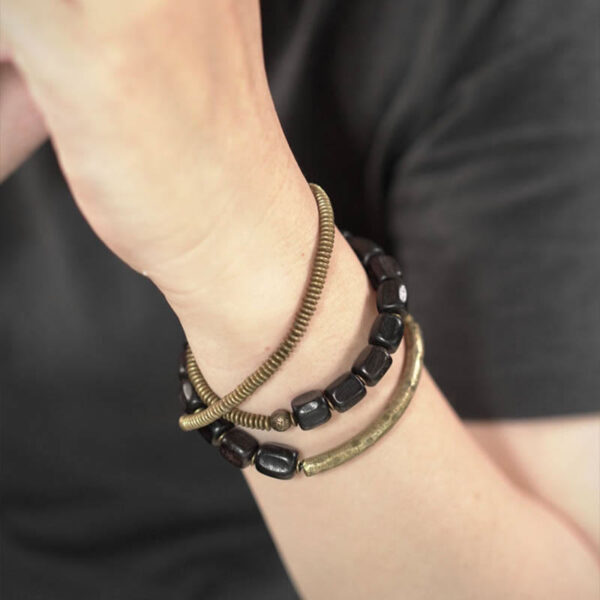 Vintage Peace Tibetan Ebony Wood Beads Copper Multilayered Healing Bracelet - 图片 7