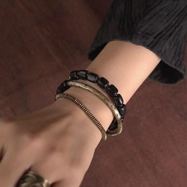 Vintage Peace Tibetan Ebony Wood Beads Copper Multilayered Healing Bracelet - 图片 9