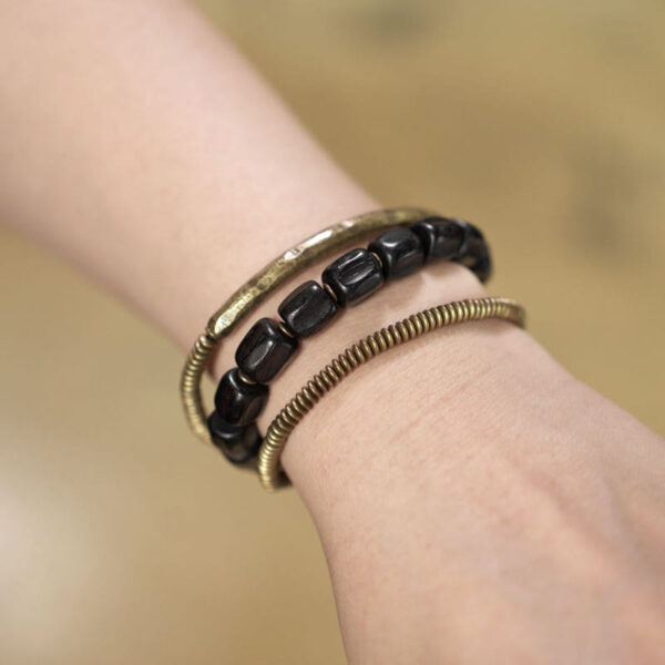 Vintage Peace Tibetan Ebony Wood Beads Copper Multilayered Healing Bracelet - 图片 14