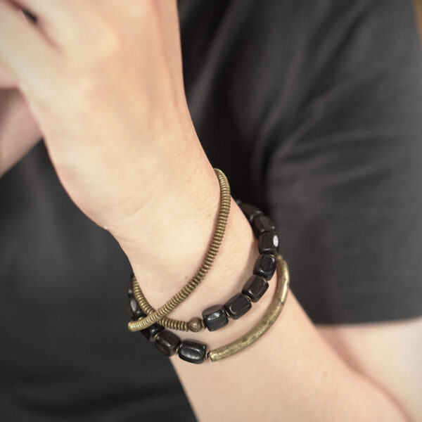 Vintage Peace Tibetan Ebony Wood Beads Copper Multilayered Healing Bracelet - 图片 5