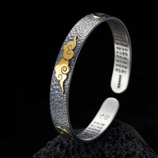 Retro 999 Sterling Silver Heart Sutra Auspicious Cloud Wealth Cuff Bracelet Bangle