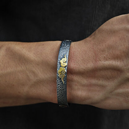 Retro 999 Sterling Silver Heart Sutra Auspicious Cloud Wealth Cuff Bracelet Bangle - 图片 5