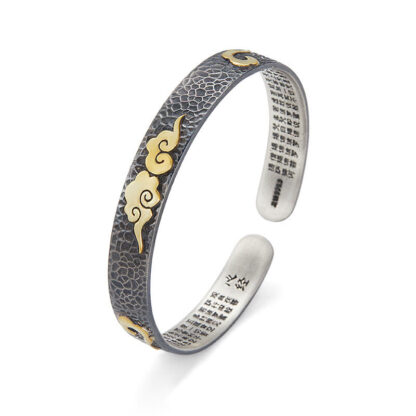 Retro 999 Sterling Silver Heart Sutra Auspicious Cloud Wealth Cuff Bracelet Bangle - 图片 3