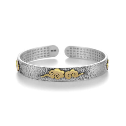 Retro 999 Sterling Silver Heart Sutra Auspicious Cloud Wealth Cuff Bracelet Bangle - 图片 9