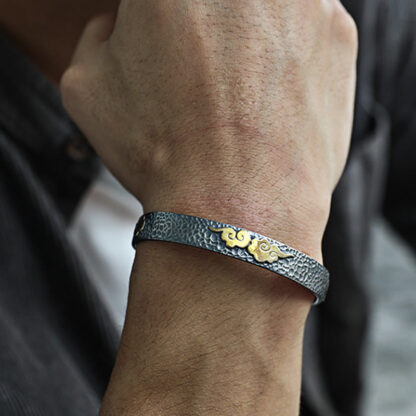 Retro 999 Sterling Silver Heart Sutra Auspicious Cloud Wealth Cuff Bracelet Bangle - 图片 7