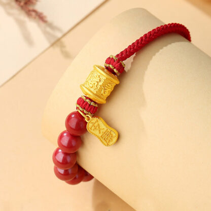 999 Sterling Silver Six True Words Om Mani Padme Hum Cinnabar Blessing String Bracelet - 图片 3