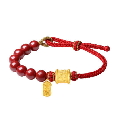 999 Sterling Silver Six True Words Om Mani Padme Hum Cinnabar Blessing String Bracelet - 图片 12