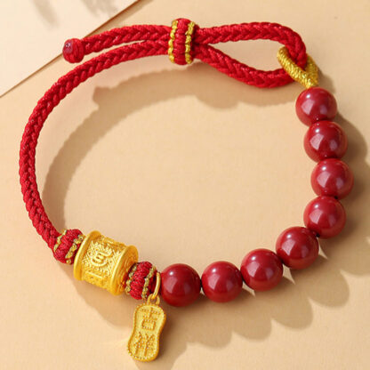 999 Sterling Silver Six True Words Om Mani Padme Hum Cinnabar Blessing String Bracelet - 图片 8