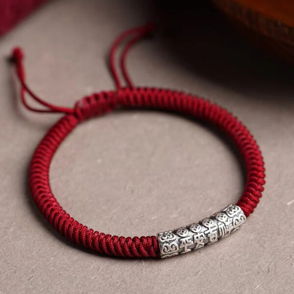 Handmade 999 Sterling Silver Peace and Good Fortune Om Mani Padme Hum Luck Rope Bracelet - 图片 3