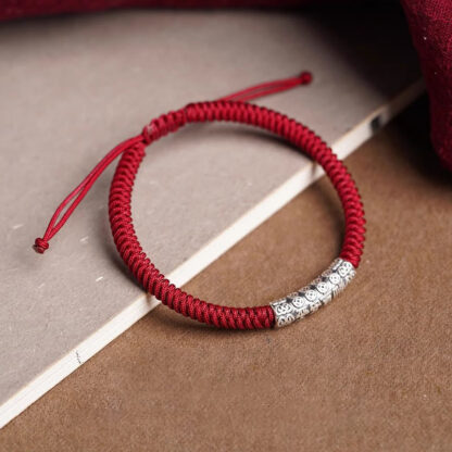 Handmade 999 Sterling Silver Peace and Good Fortune Om Mani Padme Hum Luck Rope Bracelet - 图片 4