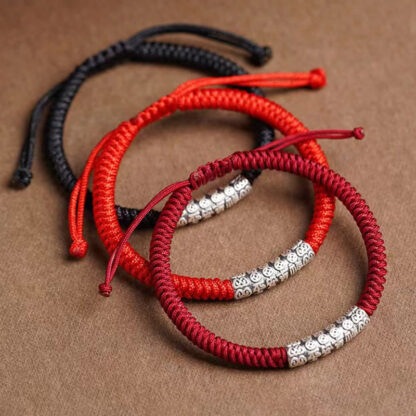 Handmade 999 Sterling Silver Peace and Good Fortune Om Mani Padme Hum Luck Rope Bracelet - 图片 2