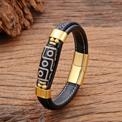 Buddha Stones Tibetan Nine-Eye Dzi Bead Wealth Leather Buckle Bracelet - 图片 2
