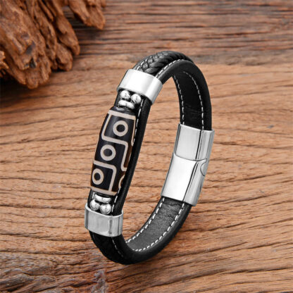 Buddha Stones Tibetan Nine-Eye Dzi Bead Wealth Leather Buckle Bracelet - 图片 4