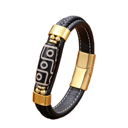 Buddha Stones Tibetan Nine-Eye Dzi Bead Wealth Leather Buckle Bracelet - 图片 3