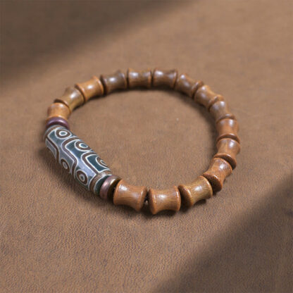 Tibetan Nine-Eye Dzi Bead Green Sandalwood Peace Bracelet - 图片 3