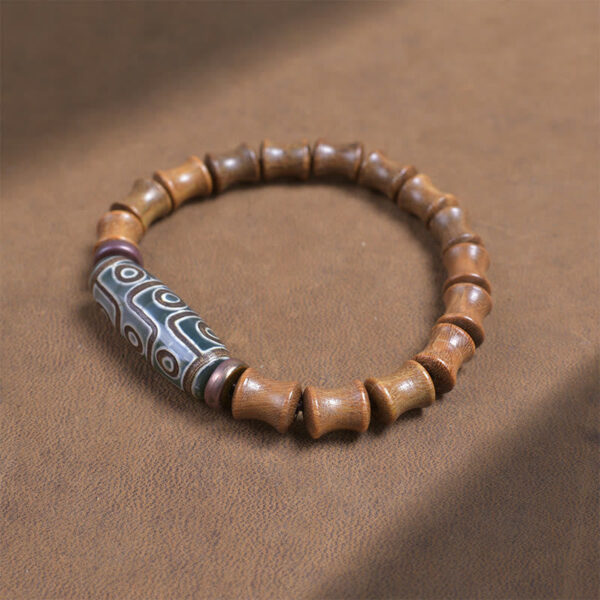 Tibetan Nine-Eye Dzi Bead Green Sandalwood Peace Bracelet - 图片 3