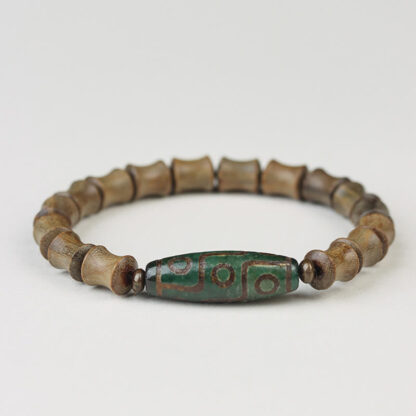 Tibetan Nine-Eye Dzi Bead Green Sandalwood Peace Bracelet - 图片 9