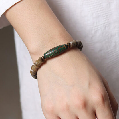 Tibetan Nine-Eye Dzi Bead Green Sandalwood Peace Bracelet - 图片 6
