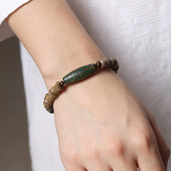 Tibetan Nine-Eye Dzi Bead Green Sandalwood Peace Bracelet - 图片 6