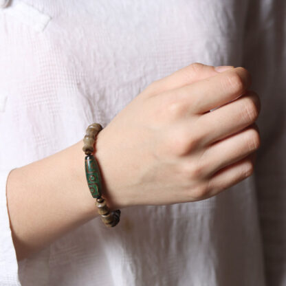 Tibetan Nine-Eye Dzi Bead Green Sandalwood Peace Bracelet - 图片 5
