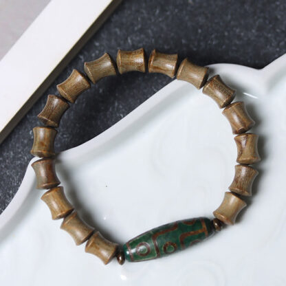 Tibetan Nine-Eye Dzi Bead Green Sandalwood Peace Bracelet - 图片 2