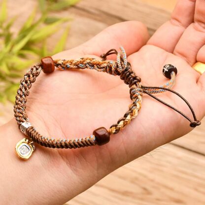 Handmade Tibetan Zakiram Goddess Of Wealth Wood Protection Braided Bracelet - 图片 8